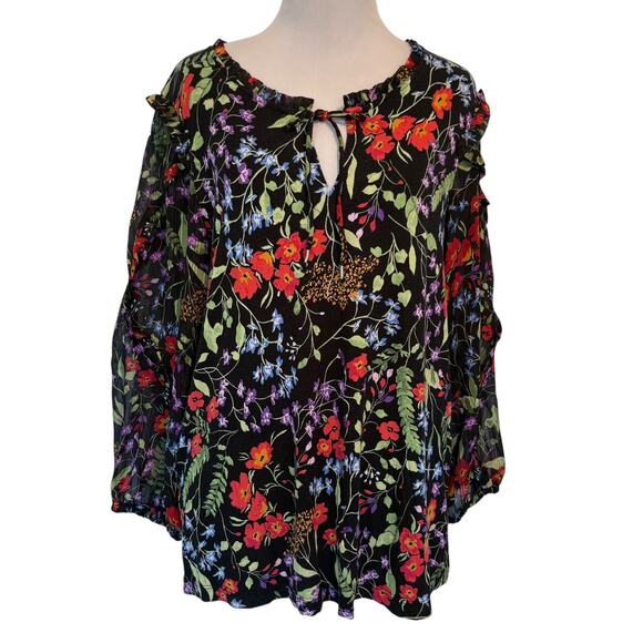 Maeve by Anthropologie Jacquin Top Womens Medium Black Multicolor Floral Boho - Picture 2 of 10